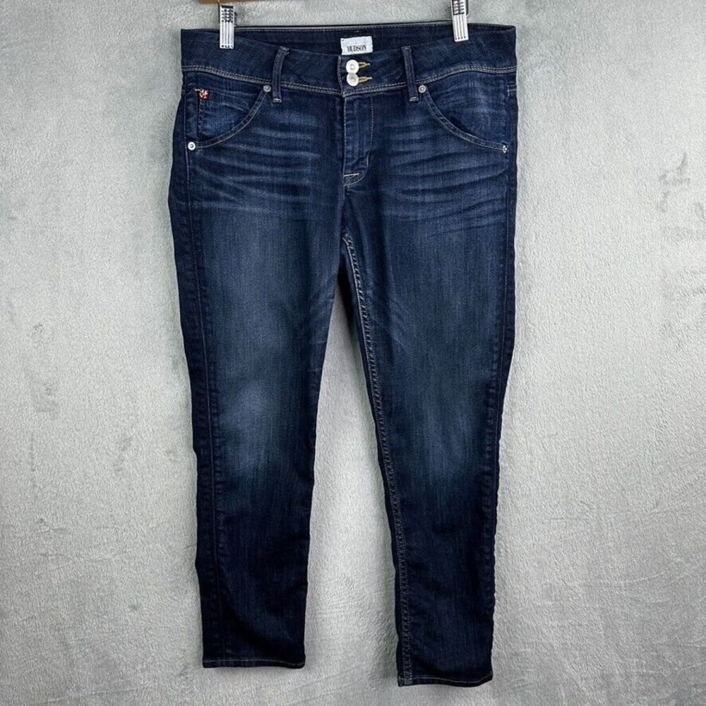 hudson crop collin skinny jeans 29 blue stretch 2 button denim (32x26)